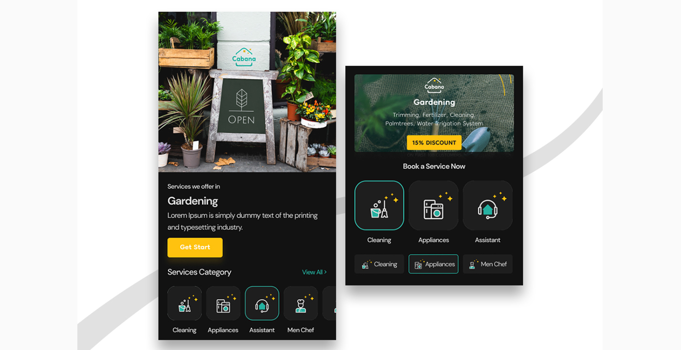 cabana gardening services page UI design dark mode image